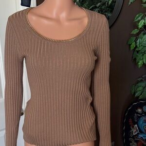 INC International Concepts Brown Ribbed Scoop Neck Sweater with Gold Chain Trim
